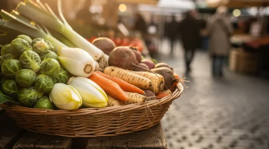 Panier de légumes de saison frais sur un marché belge avec arrière-plan flou