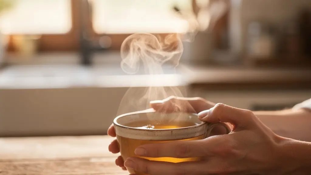 Tasse de tisane de camomille belge avec infusion dorée sur table rustique