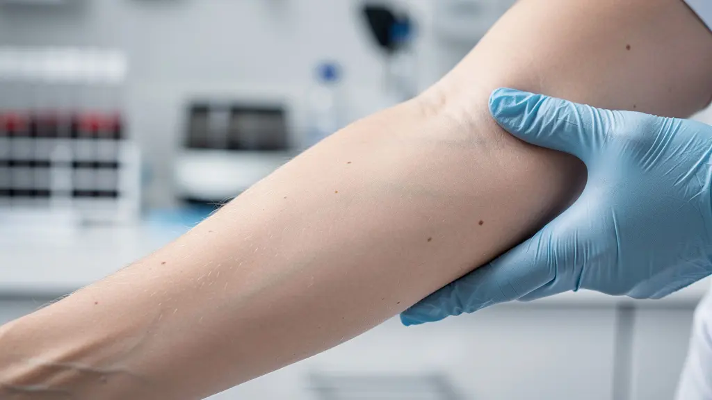 Main de femme enceinte lors d'une prise de sang avec infirmière en arrière-plan