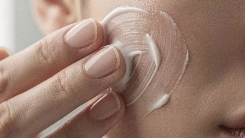 Gros plan sur les mains appliquant délicatement une crème sur une joue, texture crémeuse visible