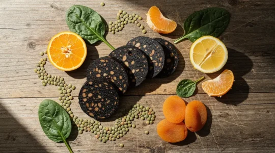 Composition d'aliments riches en fer présentés sur une table en bois avec boudin noir, lentilles et agrumes