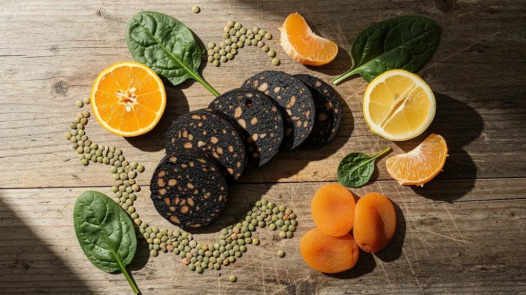 Composition d'aliments riches en fer présentés sur une table en bois avec boudin noir, lentilles et agrumes