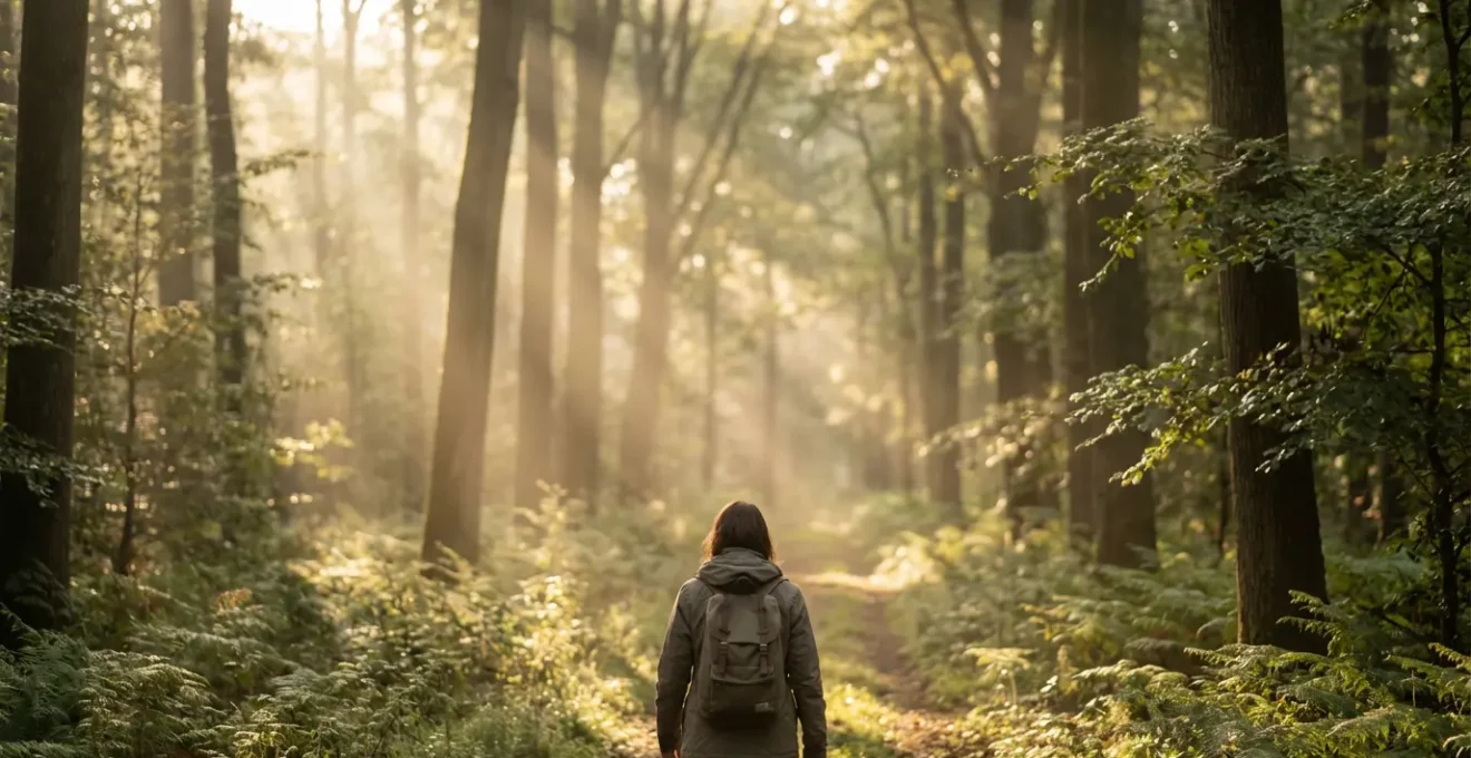 Personne marchant dans une forêt belge verdoyante avec rayons de lumière filtrant à travers les arbres