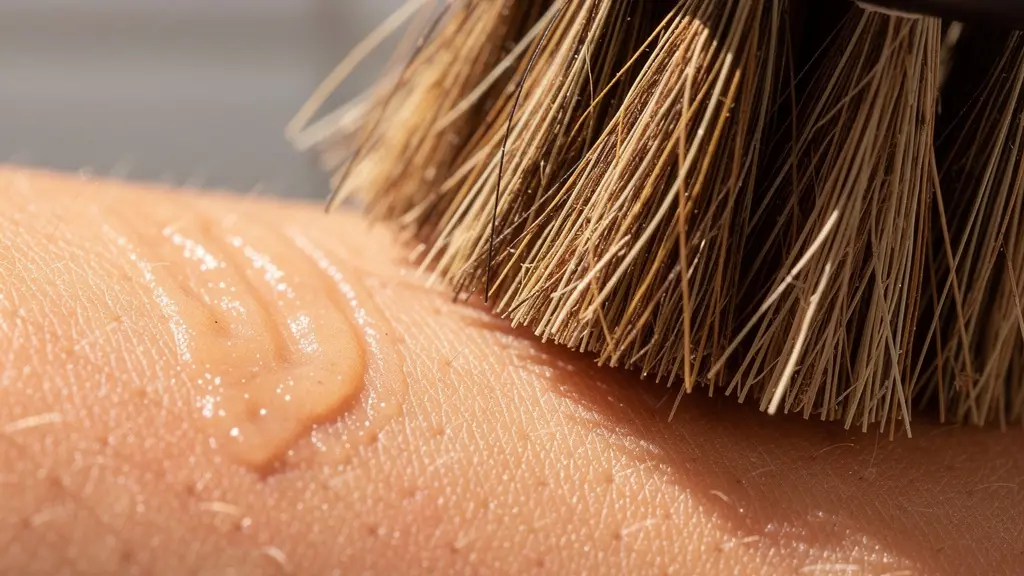 Femme effectuant un brossage à sec sur sa cuisse avec une brosse en fibres naturelles