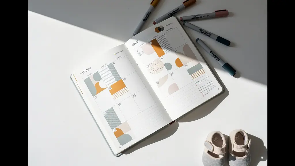 Calendrier de bureau avec marqueurs colorés indiquant les étapes du changement de mutuelle avant grossesse