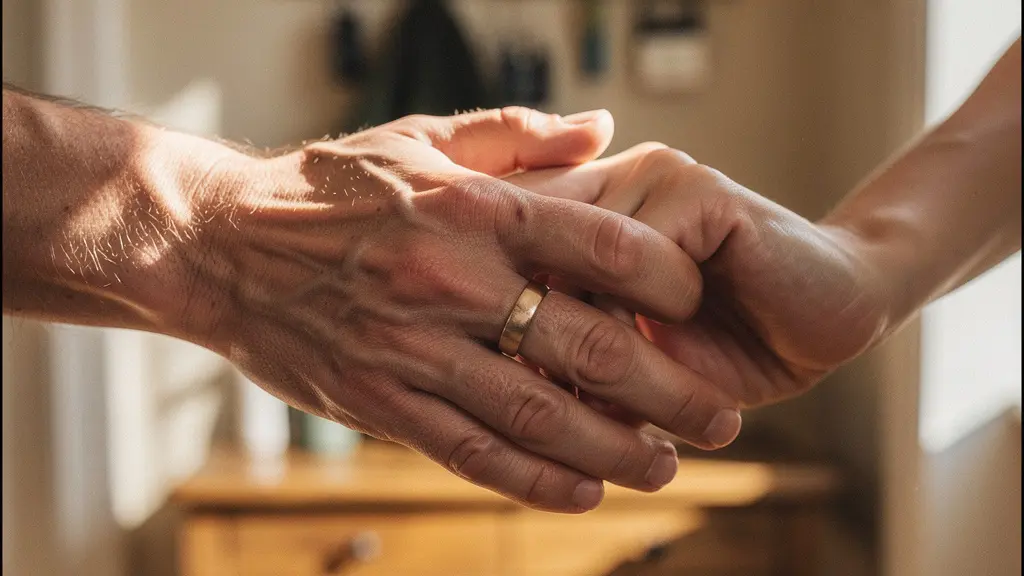 Couple belge s'enlaçant dans leur entrée après le travail, créant un sas de décompression émotionnel