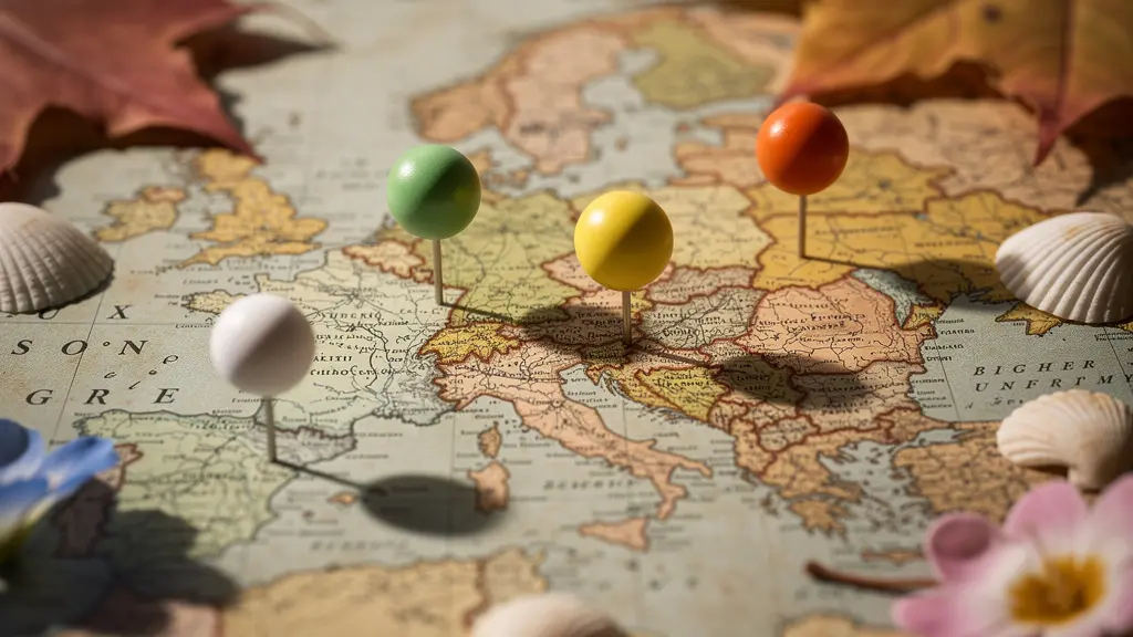 Vue macro d'une carte ancienne de Belgique avec quatre épingles colorées marquant différentes destinations