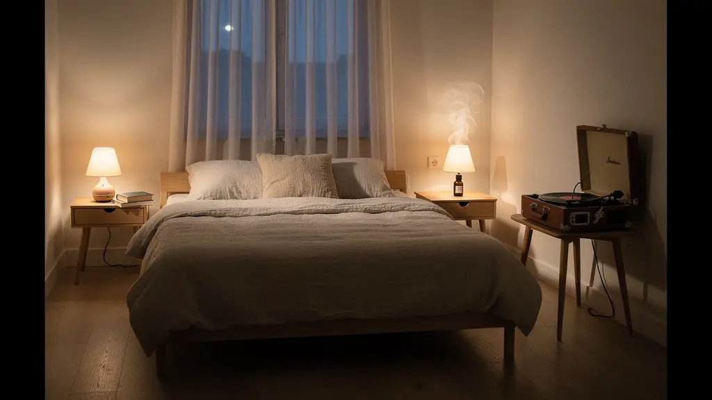 Chambre à coucher belge avec éclairage tamisé, draps en lin, table de chevet avec livre et diffuseur d'huiles essentielles