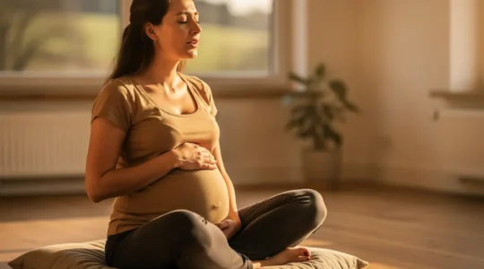 Femme enceinte en pleine séance de chant prénatal dans un environnement serein