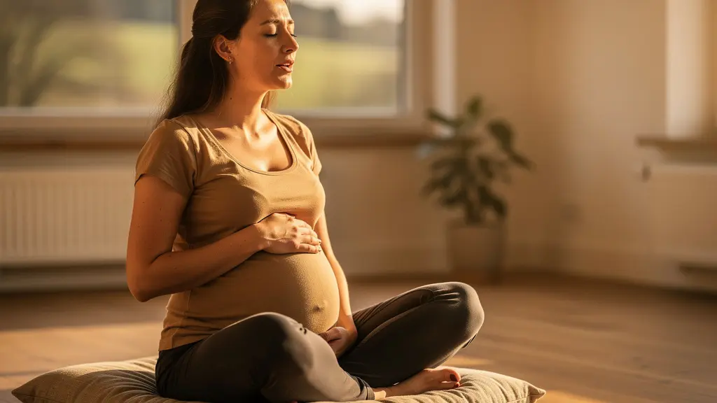 Femme enceinte en pleine séance de chant prénatal dans un environnement serein
