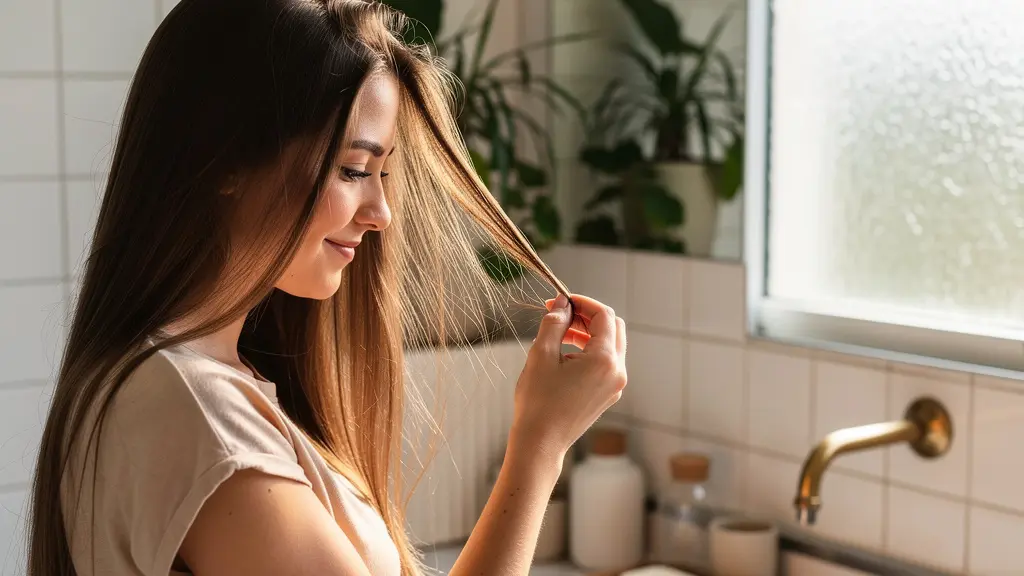 Femme aux cheveux brillants se regardant dans un miroir de salle de bain avec des plantes vertes, évoquant un environnement sain sans calcaire