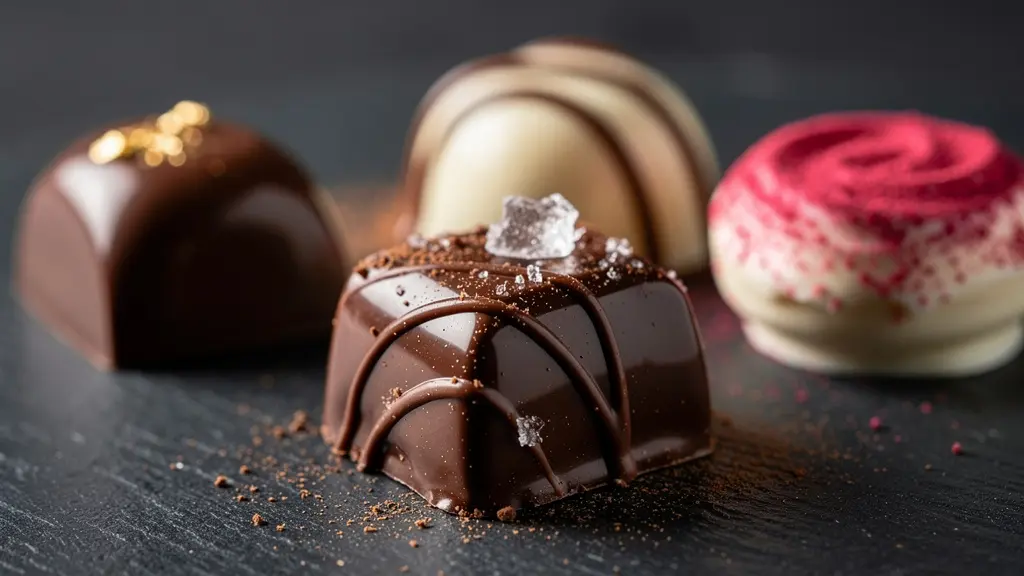 Assortiment de pralines belges artisanales disposées élégamment pour une dégustation romantique