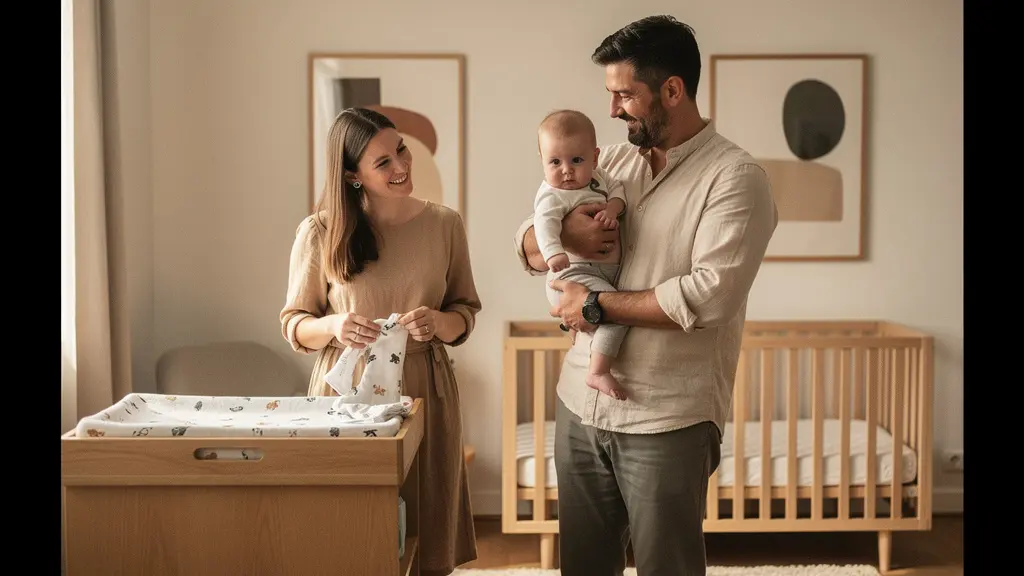 Un père et une mère penchés avec bienveillance sur leur bébé dans une chambre lumineuse.