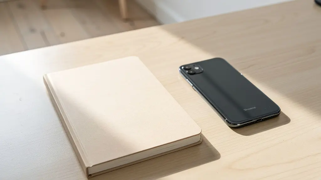 Bureau minimaliste avec carnet papier et smartphone éteint côte à côte