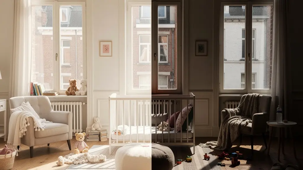 Contraste symbolique entre image idéalisée et réalité de la maternité