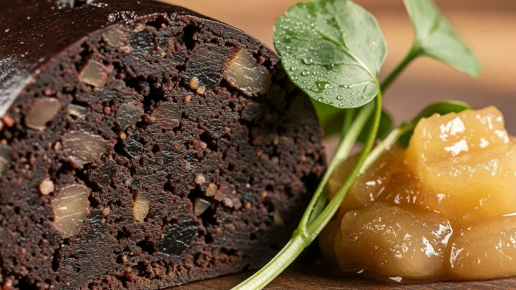 Assiette de boudin noir belge avec compotée de pommes et cresson frais