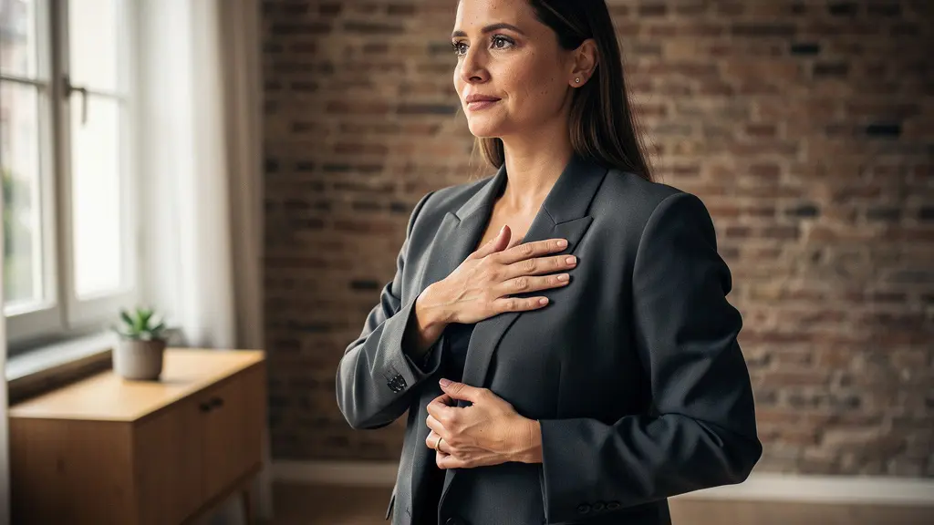 Femme confiante se préparant devant un miroir, posture droite et sourire intérieur, ambiance lumineuse et apaisée