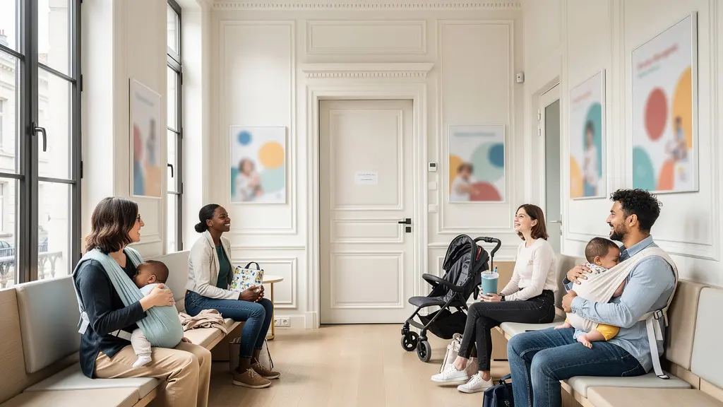 Salle d'attente lumineuse avec parents de différentes origines échangeant dans une ambiance conviviale