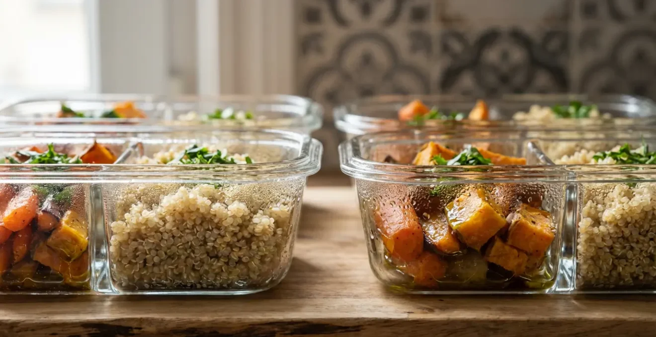 Plan de travail de cuisine avec contenants en verre remplis d'aliments colorés préparés pour la semaine