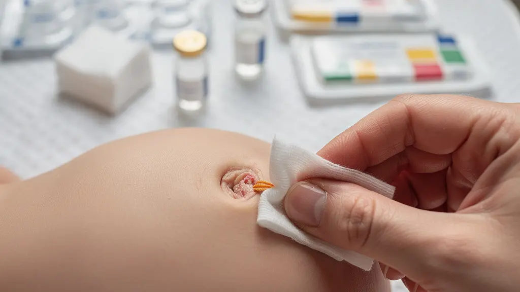 Gros plan sur le nettoyage délicat du cordon ombilical d'un nouveau-né avec une compresse stérile