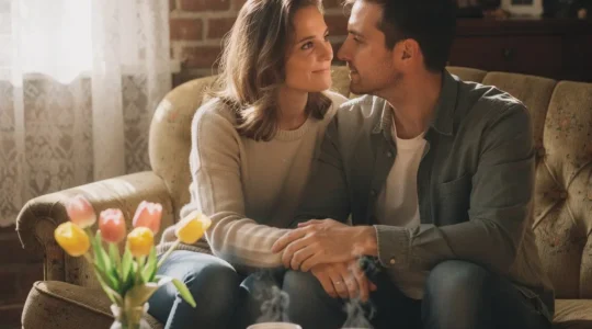 Un couple en interaction tendre dans un intérieur belge chaleureux, partageant un moment intime de complicité