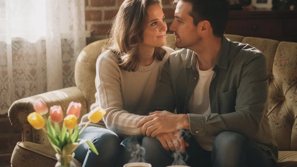 Un couple en interaction tendre dans un intérieur belge chaleureux, partageant un moment intime de complicité