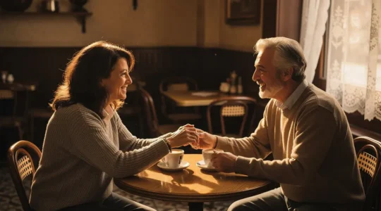 Couple mature partageant un moment de complicité dans un café belge authentique, lumière douce de fin d'après-midi