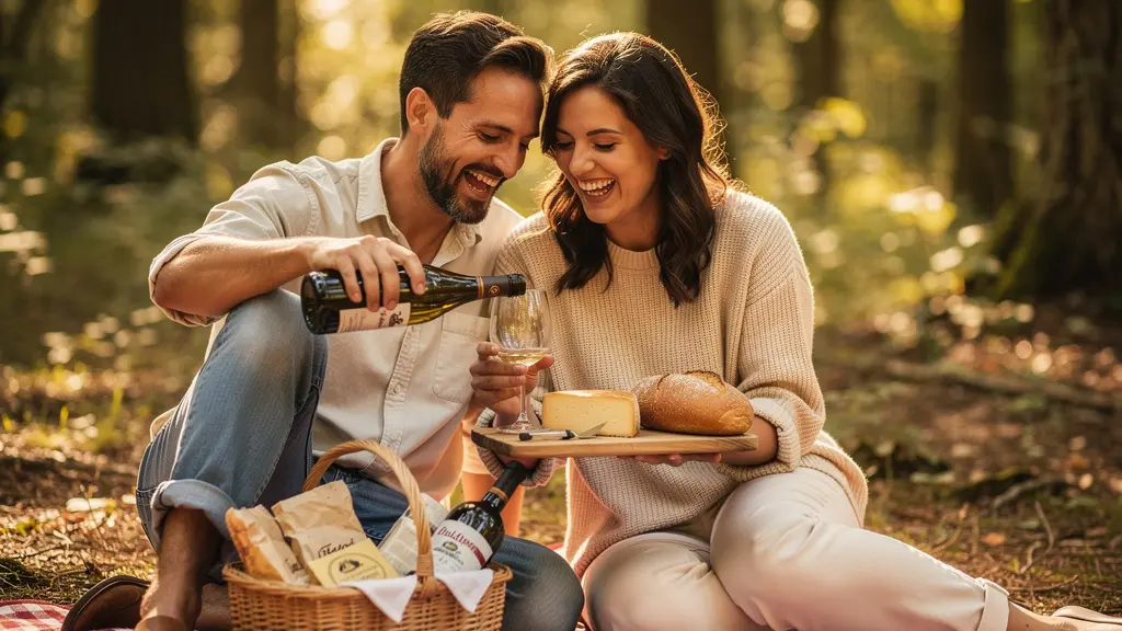 Couple assis sur une couverture à carreaux dans une clairière verdoyante avec panier de pique-nique et vue sur la forêt