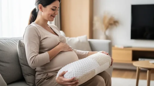 Femme enceinte avec coussin d'allaitement comparant deux remplissages différents