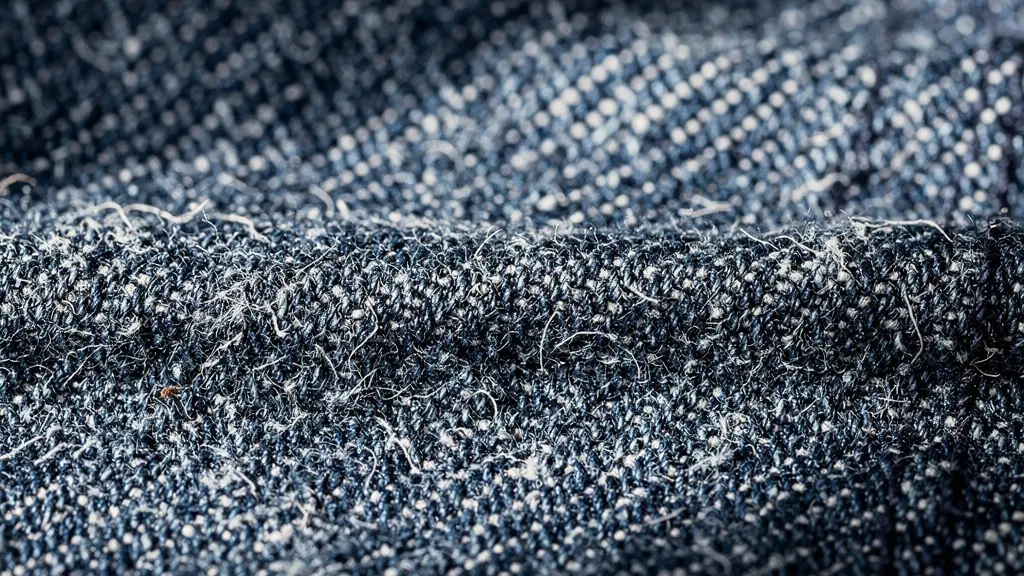 Gros plan macro sur la texture d'un jean en denim durable avec fibres visibles