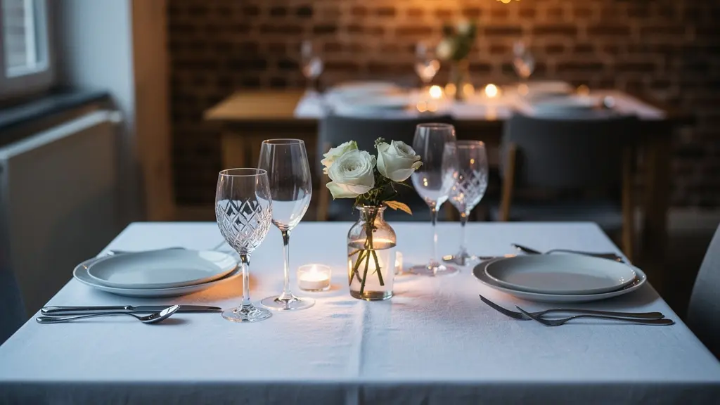 Table dressée pour un dîner romantique à la maison avec bougies et décoration florale dans une ambiance belge intimiste