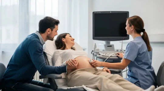 Salle d'examen d'échographie avec ambiance sereine montrant une femme enceinte et un professionnel de santé concentré