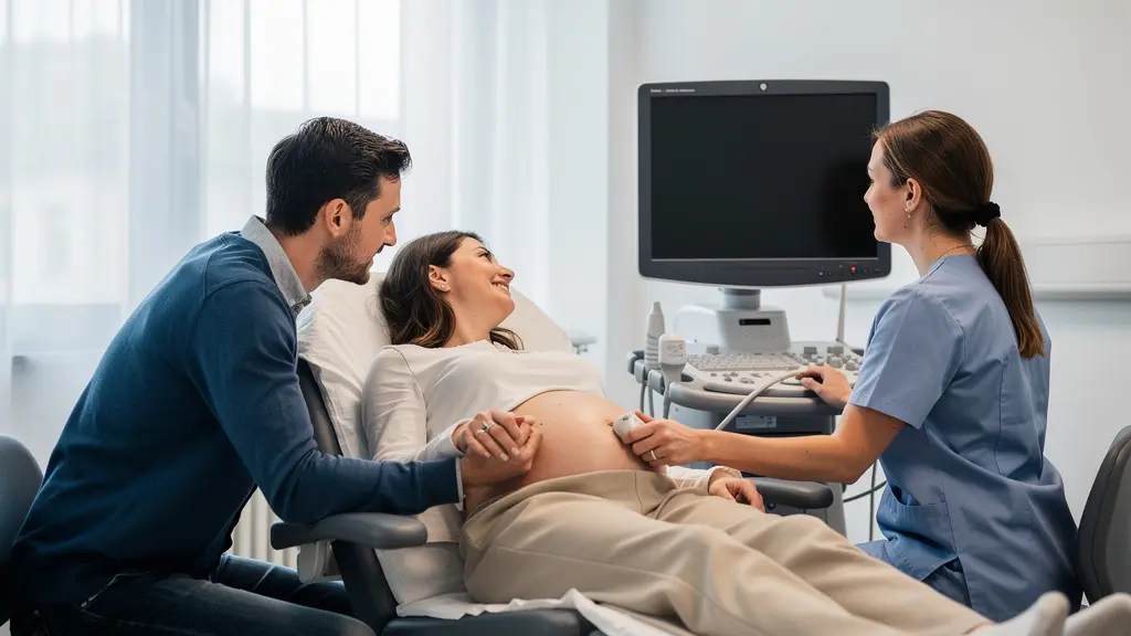 Salle d'examen d'échographie avec ambiance sereine montrant une femme enceinte et un professionnel de santé concentré