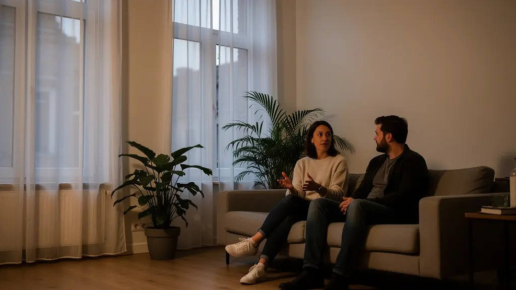 Couple belge sur un canapé, l'un écoutant attentivement l'autre sans interrompre, dans une atmosphère apaisée