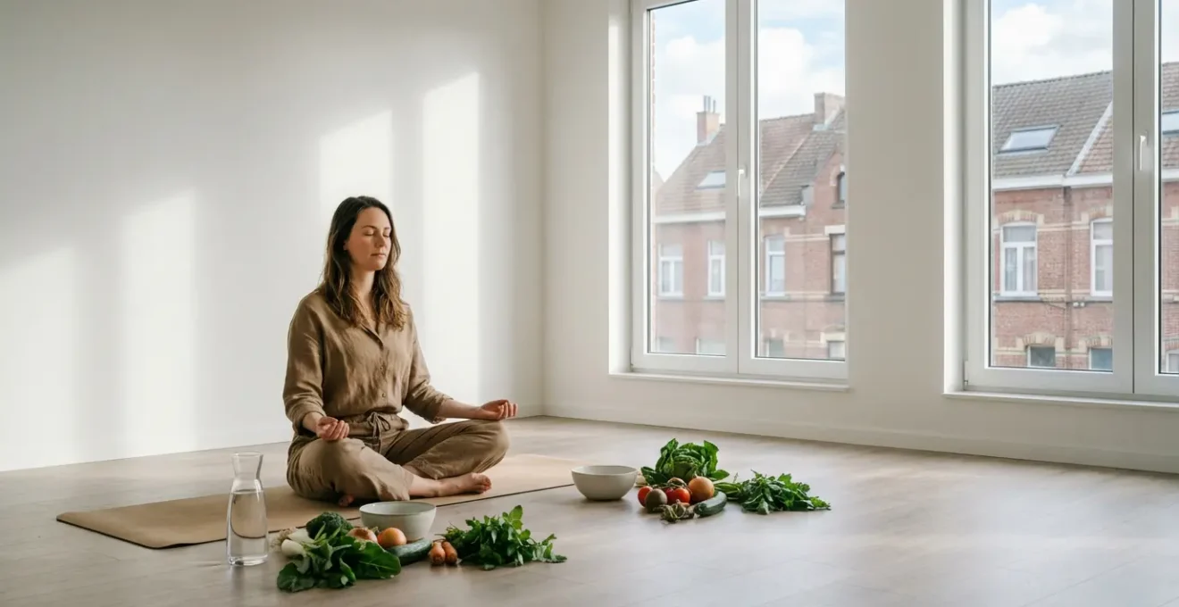 Femme sereine méditant dans un environnement naturel avec des plantes et aliments sains, représentant l'harmonie hormonale naturelle