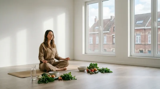 Femme sereine méditant dans un environnement naturel avec des plantes et aliments sains, représentant l'harmonie hormonale naturelle