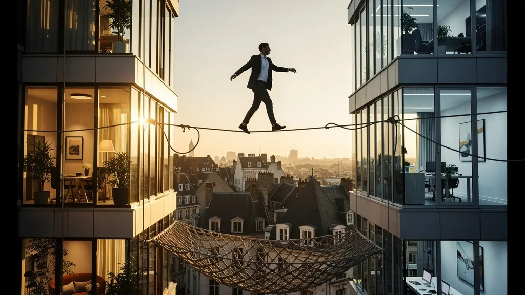 Une personne équilibriste marchant sur une corde raide entre deux gratte-ciels, symbolisant l'équilibre entre vie professionnelle et personnelle