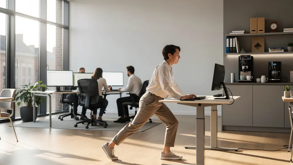 Personne effectuant des étirements discrets près de son bureau en entreprise belge