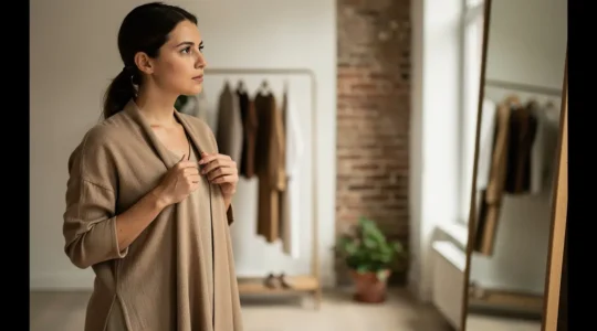 Femme examinant attentivement la qualité d'un vêtement devant un miroir dans un intérieur belge minimaliste