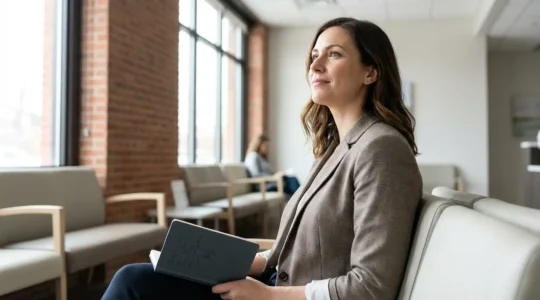 Femme détendue dans un environnement médical moderne et accueillant en Belgique