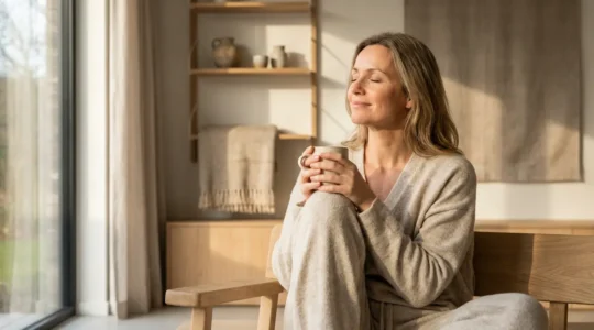 Femme sereine de 40 ans dans un moment de détente et d'intimité personnelle