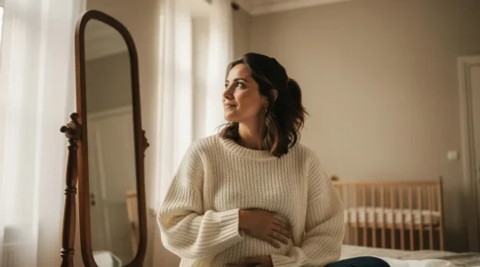 Femme dans un moment de bienveillance avec elle-même après une grossesse