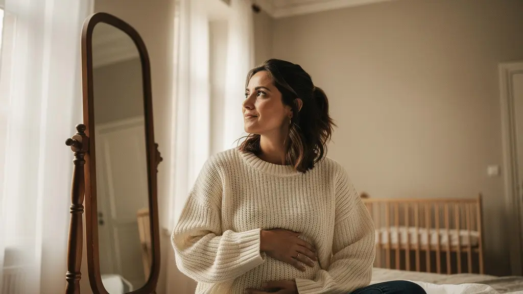 Femme dans un moment de bienveillance avec elle-même après une grossesse