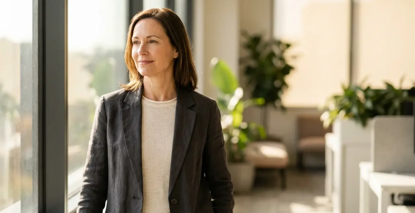 Femme professionnelle épanouie dans un environnement de travail moderne et lumineux