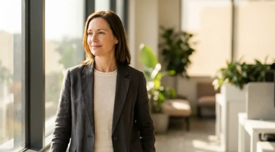 Femme professionnelle épanouie dans un environnement de travail moderne et lumineux