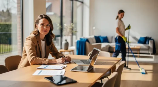 Femme souriante dans un intérieur belge lumineux consultant une tablette, avec une aide-ménagère professionnelle en arrière-plan flou