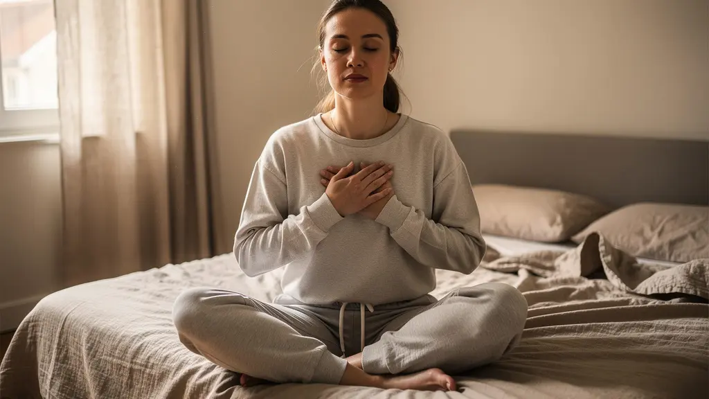 Femme pratiquant l'exercice du scan corporel bienveillant dans sa chambre