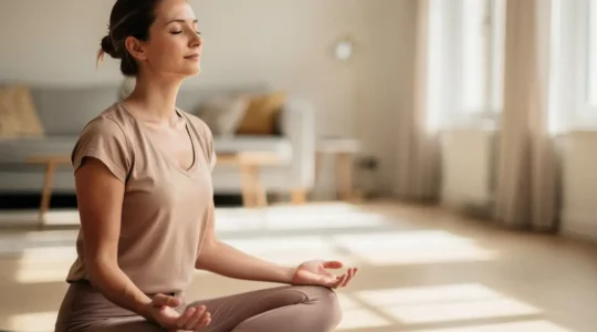 Femme pratiquant des exercices de rééducation périnéale après césarienne dans un environnement calme et lumineux