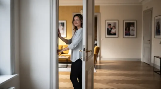 Femme debout devant une porte entrouverte symbolisant la frontière entre vie familiale et espace personnel