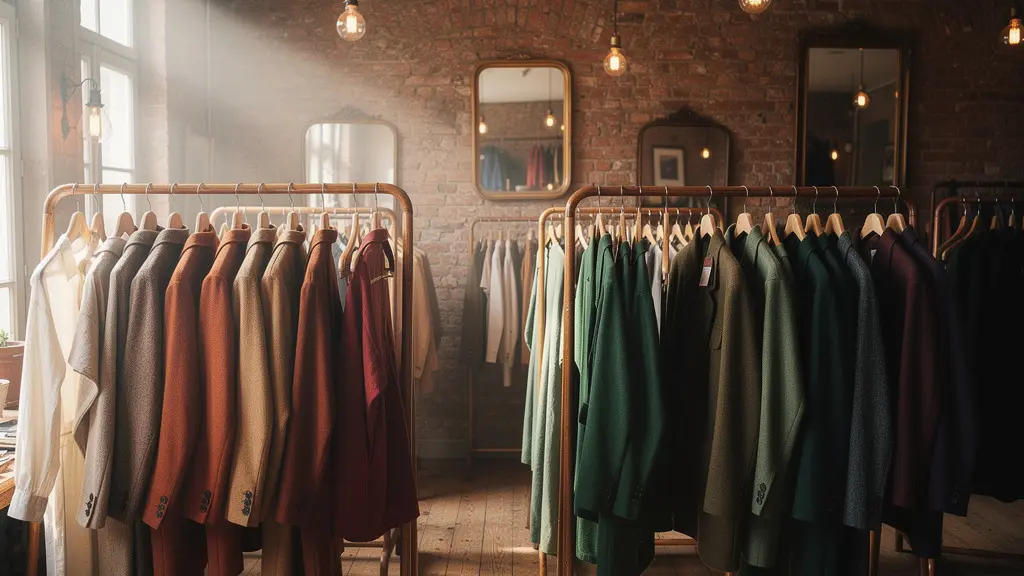 Intérieur d'une friperie belge avec rangées de vêtements vintage organisés par couleur sur des portants en bois